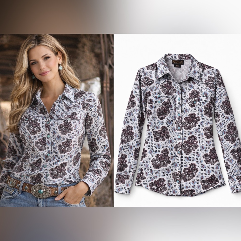 Ariat Paisley Western Turquoise Snap Shirt White Burgundy Blue M Cowgirl Rodeo‎